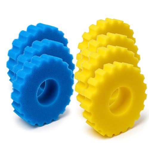 VIALIA 7 biologische Filterschwämme, Ersatzteil Set für Kammerfilter CPF-15000, 3 Blaue Grob- und 4 gelbe Feinschwämme, Ø 26 cm, hohe Wasserdurchlaufmenge, einfache Reinigung von VIALIA