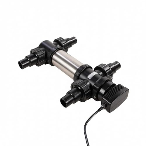 VIALIA UVC Teichklärer SUV-718 RVS, 18 Watt, Edelstahl Wasserklärer, Algenvernichter für Gartenteich und Aquarium, Länge 458 mm, max. Teichgröße 25 m³, mit 4 Schlauchnippeln und Anschlüssen von VIALIA