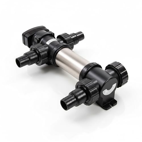VIALIA UVC Teichklärer SUV-736, 36 Watt, Edelstahl Wasserklärer, Algenvernichter für Gartenteich und Aquarium, Länge 545 mm, max. Teichgröße 55 m³, mit 4 Schlauchnippeln und Anschlüssen von VIALIA