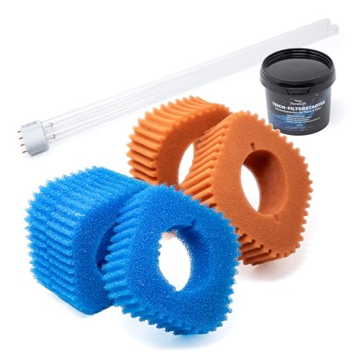 VIALIA Wartungspaket für Oase FiltoClear 12000, Ersatzteil Set, 3X Blaue und 2X rote Filterschwämme, Filterstarter, 18W UVC-Lampe gegen Keime und Algen von VIALIA