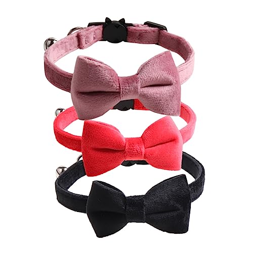 VICASKY 3 Stück Teiliges Samt Katzenhalsband mit Schleife und Klingel Verstellbar Sicherer Verschluss Leichtes Komfortables Haustierhalsband Rot Schwarz und Rosa für Katzen von VICASKY