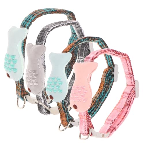VICASKY 4 Stück Verstellbares Katzenhalsband Set Fischmotiv Kariert Langlebiges Haustierzubehör Sicher und Komfortabel Passend für Kleine Katzen und Kätzchen Kreatives Design für Alltag von VICASKY