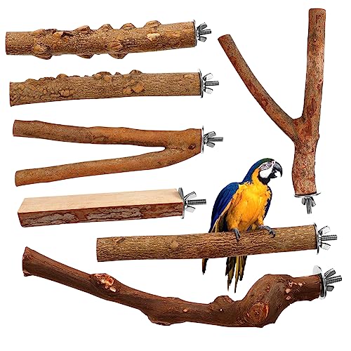 VICASKY 7 Stück Teiliges Set Sitzstangen aus Naturholz für Vögel Spielständer für Papageien Wellensittiche und Andere Kleintiere als Vogelkäfig Zubehör zur Entspannung und Beschäftigung von VICASKY