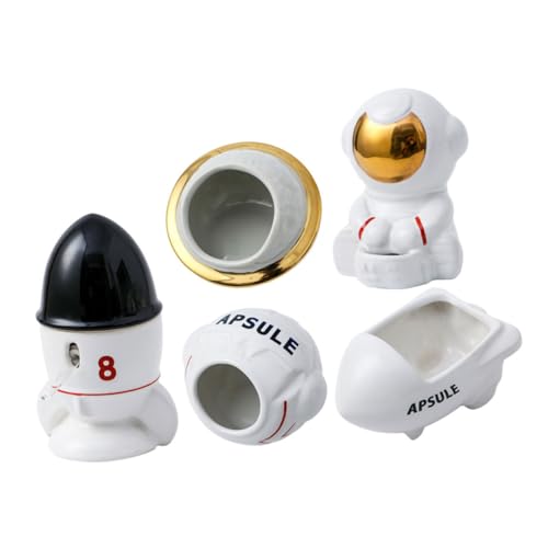 VICASKY Keramik Futternapf für Hamster Space Teilig mit Raumschiff Badewanne Astronaut Trinkflasche und Kleinem Versteck Glatte Oberfläche Leicht zu Reinigen Platzsparend von VICASKY