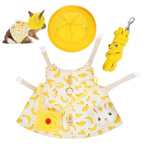 VICASKY Kleintier Bekleidungsset mit Banane Muster Teiliges Haustierkostüm mit Brustgeschirr Leine Hut Tasche und Brosche Atmungsaktiv Leicht Modisch für Kaninchen Frettchen von VICASKY