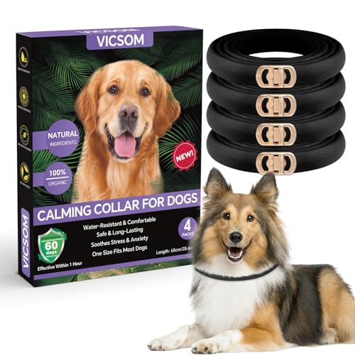VICSOM Beruhigende Halsbänder für Hunde, Pheromon-Halsband für Hunde, beruhigendes Halsband, natürlich, wasserdicht, verstellbar, mit 60 Tagen Anti-Angstlinderung, Stresseffekt, 4 Stück, schwarz von VICSOM