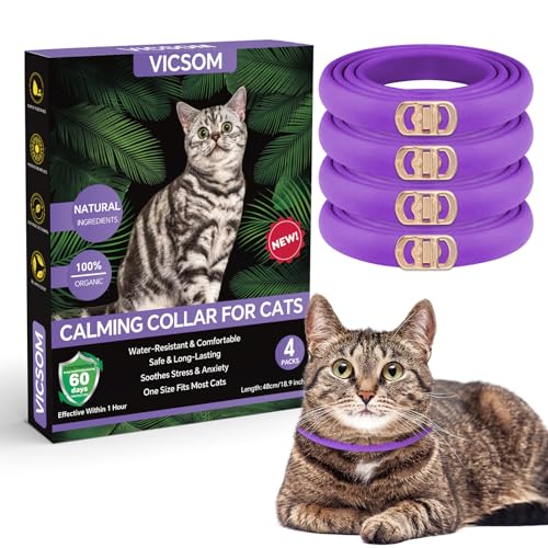 VICSOM Beruhigende Halsbänder für Katzen, Pheromon-Halsband für Katzen, beruhigendes Halsband, natürlich, wasserdicht, verstellbar, mit 60 Tagen Anti-Angstlinderung, Stress-Effekt, 4 Stück, Violett von VICSOM