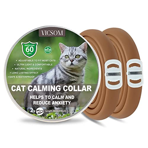VICSOM Beruhigendes Halsband für Katzen, Beruhigendes Katzenhalsband, Wasserdicht Einstellbare Katzenhalsband zur Beruhigung, Pheromonen Beruhigende Halsbänder für Katzen Aller Größen Kaffee 2 STK. von VICSOM