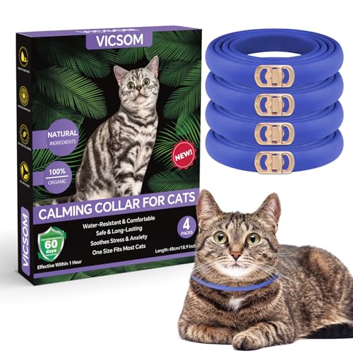 VICSOM Beruhigendes Halsband für Katzen, Pheromon-Halsband für Katzen, beruhigendes Halsband, natürlich, wasserdicht, verstellbar, mit 60 Tagen Anti-Angstlinderung, Stress-Effekt, 4 Stück, Dunkelblau von VICSOM