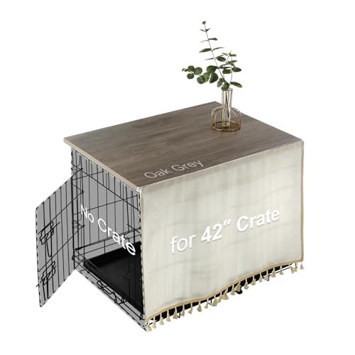 AMAN Hundekäfig-Topper aus Holz für 122,9 cm, 107,7 cm, 91,4 cm, 71,0 cm, 61 cm Käfige, Tischdekoration mit Quastenvorhang, rustikaler Stil Hundehütte (graue Eiche) von VIE DE AMAN