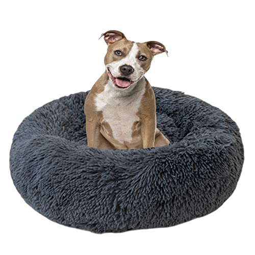 Bequemes Haustierbett für Katzen oder Hunde, mehrere Größen, Anti-Angst, verbessertes Schlafen, beruhigendes Donut-Hundebett, kleines Welpenbett, rundes Katzensofa, 100 cm, Dunkelgrau von VIKAUL