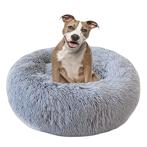 Bequemes Haustierbett für Katzen oder Hunde, mehrere Größen, Anti-Angst, verbessertes Schlafen, beruhigendes Donut-Hundebett, kleines Welpenbett, rundes Katzensofa, 100 cm, Hellgrau von VIKAUL