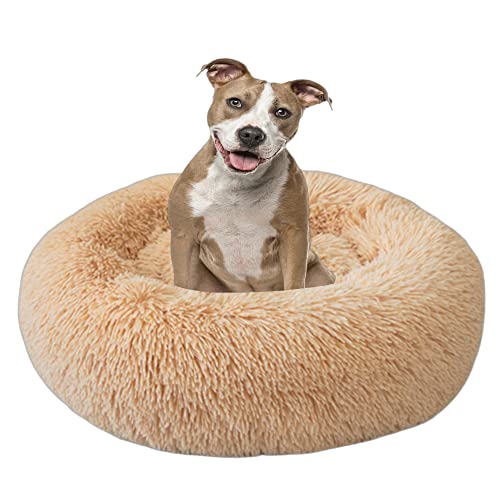 VIKAUL Bequemes Haustierbett für Katzen oder Hunde, mehrere Größen, Anti-Angst, verbesserter Schlaf, beruhigendes Donut-Hundebett, Kissen, kleines Welpenbett, rundes Katzensofa, Bett, 120 cm, Hellgelb von VIKAUL