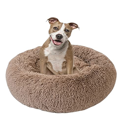 Bequemes Haustierbett für Katzen oder Hunde, mehrere Größen, Anti-Angst, verbessertes Schlafen, beruhigendes Donut-Hundebett, kleines Welpenbett, rundes Katzensofa, 120 cm, Khaki von VIKAUL