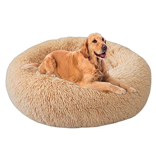 Plüsch-Hundebett, groß, mittelgroß, beruhigendes Nestbett, Katzenbetten, klein, rundes Hundebett für Welpen, Kätzchen, Kuschelbett, rutschfeste Unterseite, maschinenwaschbar, 100 cm, Hellgelb von VIKAUL