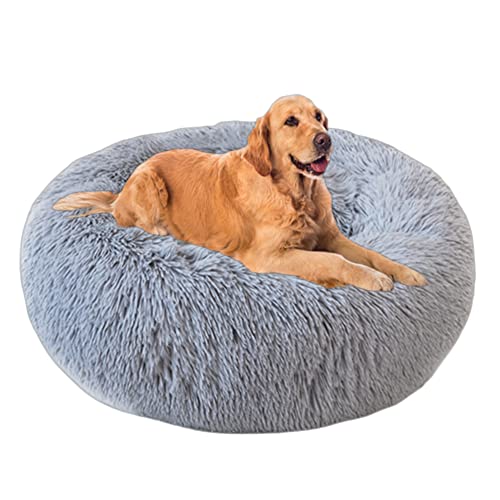 Plüsch-Hundebett, groß, mittelgroß, beruhigendes Nestbett, Katzenbetten, klein, rundes Hundebett für Welpen, Kätzchen, Kuschelbett, rutschfeste Unterseite, maschinenwaschbar, 100 cm, Hellgrau von VIKAUL