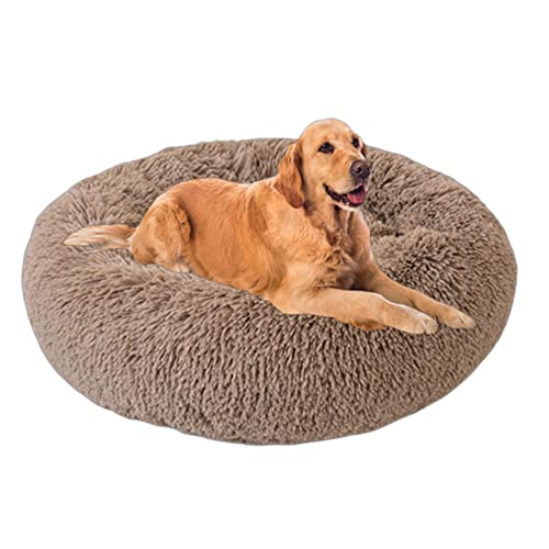 Plüsch-Hundebett, groß, mittelgroß, beruhigendes Nestbett, Katzenbetten, klein, rundes Hundebett für Welpen, Kätzchen, Kuschelbett, rutschfeste Unterseite, maschinenwaschbar, 100 cm, Khaki von VIKAUL