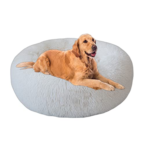 Plüsch-Hundebett, groß, mittelgroß, beruhigendes Nestbett, Katzenbetten, klein, rundes Hundebett für Welpen, Kätzchen, Kuschelbett, rutschfeste Unterseite, maschinenwaschbar, 100 cm, Weiß von VIKAUL