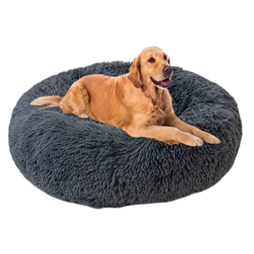 Plüsch-Hundebett, groß, mittelgroß, beruhigendes Nestbett, Katzenbetten, klein, rundes Hundebett für Welpen, Kätzchen, Kuschelbett, rutschfeste Unterseite, maschinenwaschbar, 100 cm, dunkelgrau von VIKAUL