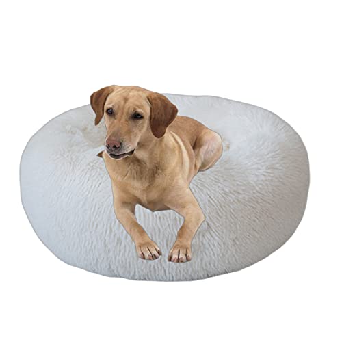 Rutschfestes Hunde- oder Katzenbett, mehrere Größen, beruhigendes Haustierbett für Innenbereich, Katzenhütte, Haustiersofa, rundes Kissen, Kuschel-Sofa, maschinenwaschbar, 130 cm, Weiß von VIKAUL