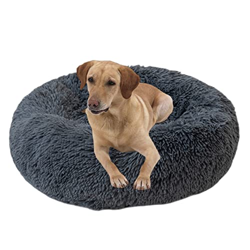 Rutschfestes Hunde- oder Katzenbett, mehrere Größen, beruhigendes Haustierbett für den Innenbereich, Katzenhütte, Haustiersofa, rundes Kissen, Kuschel-Sofa, maschinenwaschbar, 130 cm, Dunkelgrau von VIKAUL