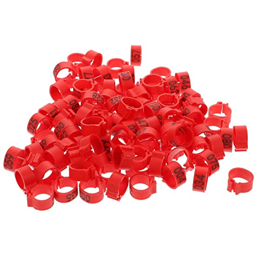 VILLCASE 100 Stück nummerierte Taubenfußringe, 10 mm Kunststoff-Hühnerbeinbänder, 10 mm Clip-on-Identifikationsschilder für kleine Vögel, Geflügel, Rot von VILLCASE