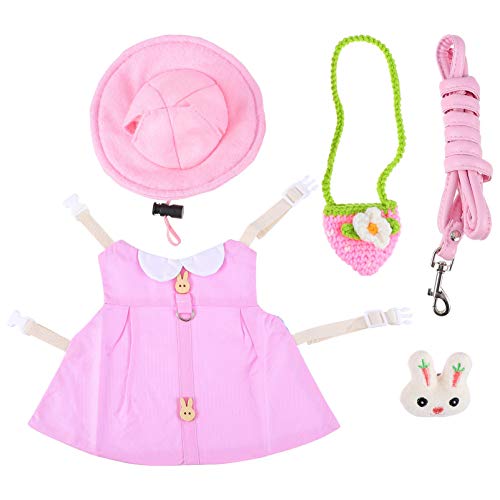 VILLCASE 5-teiliges Kaninchen-Kostüm-Set, Haustier-Kleidung mit Haustier-Leine, hängende Tasche für Frettchen, Igel, Meerschweinchen, Kaninchen (rosa Kindergarten L) von VILLCASE