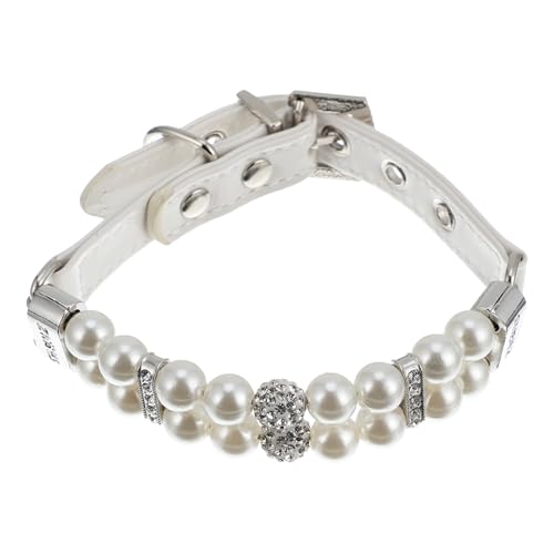 VILLCASE Halsband für Hunde und Katzen, mit Perlen, verstellbar, modisches Lederhalsband mit Leine, niedliches Dekozubehör von VILLCASE
