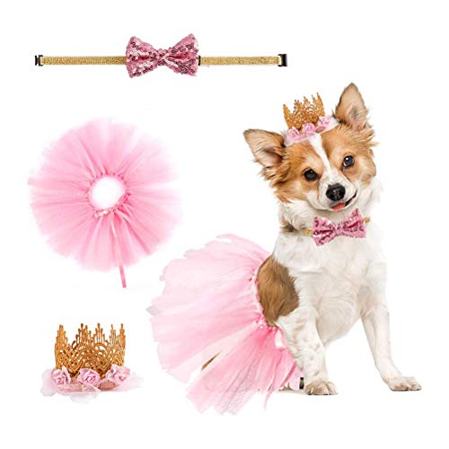 VILLCASE Hunde-Geburtstags-Gaze-Rock, schönes Hundekleid, kreatives Halsband, modische Krone, Kopfschmuck-Set von VILLCASE