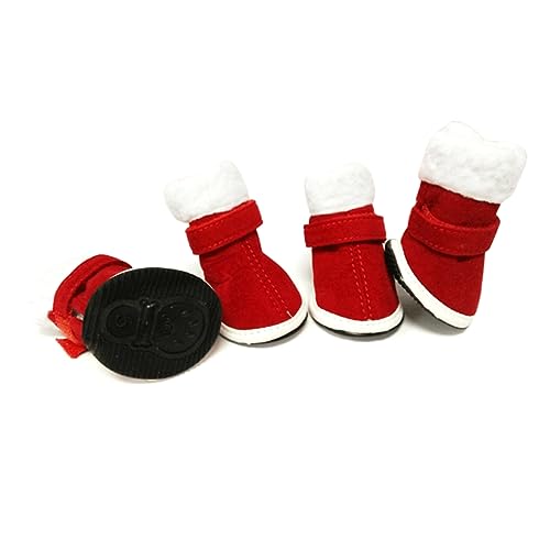 VILLFUL 4 Stück Regenstiefel Hundeweihnachtsschuhe Stiefeletten Haustier Winddicht Winterschuhe Weihnachten wasserdichte Hundeschuhe Welpenschuhe Rot von VILLFUL