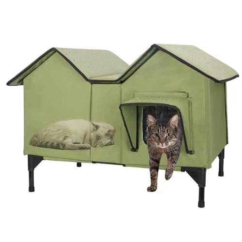 Extra breite große Katzenhäuser für Katzen im Freien, wetterfest, erhöhtes wasserdichtes Katzenhaus im Freien, streunende Katzenhaus für mehrere Katzen kleine Hunde (Grün, unbeheizt) von VILRAK