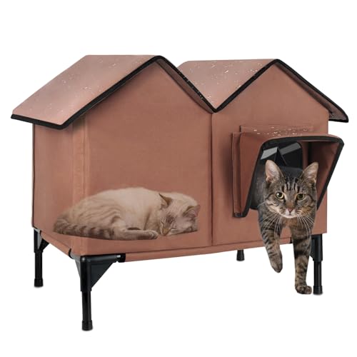 Großes Katzenhaus für den Außenbereich, wetterfest, erhöhtes Katzenhaus für Outdoor-Katzen, wasserdicht, isoliert, Wildkatzen-Unterschlupf für mehrere Katzen, kleine Hunde (Braun, groß) von VILRAK