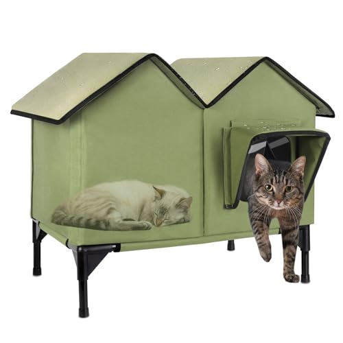 Großes Katzenhaus für den Außenbereich, wetterfest, erhöhtes Katzenhaus für Outdoor-Katzen, wasserdicht, isoliert, Wildkatzenunterstand für mehrere Katzen, kleine Hunde (grün, groß) von VILRAK