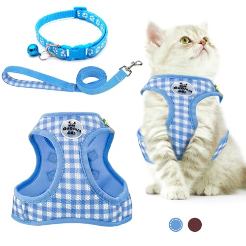 VINEST Katzengeschirr mit Leine Ausbruchsicher für 2,5-5,5 kg Katzen Welpen, 150cm Katzenleine mit Geschirr Reflektierende, Weich Mesh Katzengeschirr Ausbruchsicher mit Katzenhalsband (Blau, XS) von VINEST