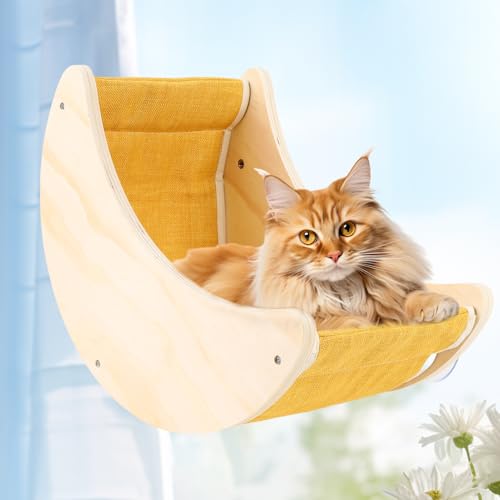 Fensterstangen, Katzenbetten für den Innenbereich, Holz-Mond-Katzenregale, Sitz montiert mit Kissen und Saugnäpfen, schnurlose Katzenfenstersitz-Hängematte zum Schlafen und Beobachten von Vögeln für von VINGVO