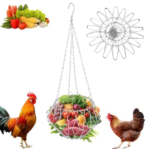 Hängender Hühner-Futterspender, faltbarer Hühner-Gemüse-Futterspender zum Aufhängen, Gemüsekorb, Obstkorb, Blumenkorb, Gemüsefrucht-Futterkorb mit 4 Ketten zum Aufhängen (1 Stück) von VINGVO