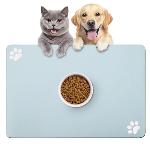 Haustier-Futtermatte für Katzen und Hunde, Platzset für Futter- und Wassernäpfe, 61 cm, rutschfest, saugfähig, schnell trocknende Matte mit Gummi-Rückseite, für Hund- und Katzen-Trinknäpfe (Blau, 40,6 von VINGVO
