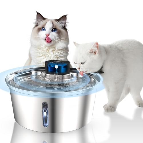 Katzen Wasserbrunnen zum Trinken, 7L Kabelloser Katzenbrunnen Edelstahl Hund Wasserbrunnen mit Bewegungsmelder, Ultra Leise von VINGVO