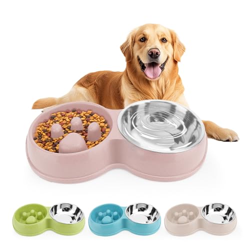 Pets Double Slow Feeder Bowls, Cats & Dogs Food Water Bowls, Stainless Steel Puppy Food and Water Dishes Non-Skid, Pet Feeding Bowl for Small Dogs Puppy Cat (Pink) von VINGVO