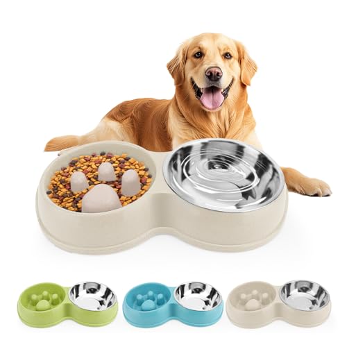 Pets Double Slow Feeder Bowls, Cats & Dogs Food Water Bowls, Stainless Steel Puppy Food and Water Dishes Non-Skid, Pet Feeding Bowl for Small Dogs Puppy Cat (White) von VINGVO