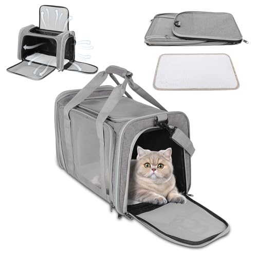 Tragbare Reisetasche für Katzen und Hunde, Netz-Reise-Welpen-Tragetasche, Oxford-Gewebe, große Kapazität, atmungsaktiv, weiche Seiten, Tiertrage mit Matte, Schultergurt (Grau) von VINGVO