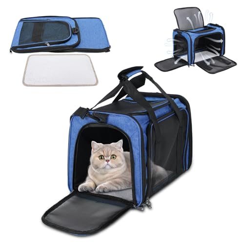 Tragbare Reisetasche für Katzen und Hunde, Netz-Reise-Welpen-Tragetasche, Oxford-Gewebe, große Kapazität, atmungsaktiv, weiche Seiten, Tiertrage mit Matte, Schultergurt (blau) von VINGVO