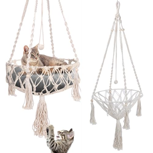 VINGVO Boho-Makramee-Hängemattenbett, handgewebt, Haustier-Schaukel-Hängebett mit Haken, faltbare Katzen-Fenster-Sitzstange für drinnen und draußen, Sport, Spielen, Schlafen, Klettern, Faulenzen von VINGVO