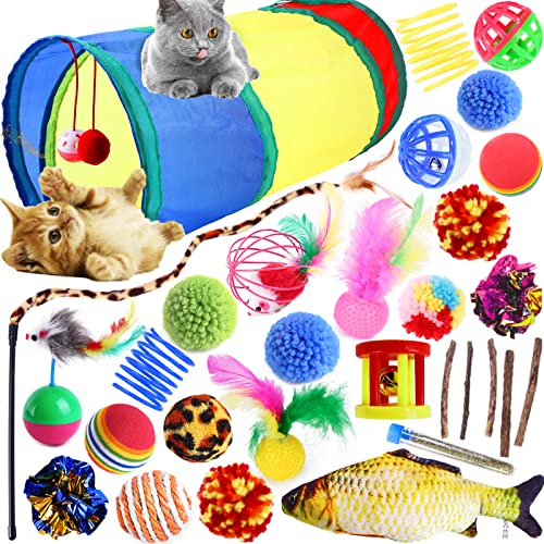 VIPNAJI 30 Stück Katzenspielzeug Set, Katzen Spielzeug mit Katzentunnel Jingle Bell Katzen Spielzeug Variety Pack für Kitty, Bälle, Federspielzeug, Plüschspielzeug, Spielzeugmäuse Katzen ect von VIPNAJI