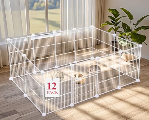 VISCOO Laufgitter für Kleintiere, 12 Paneele, Laufstall für Haustiere, C&C-Käfig für Meerschweinchen, Welpenlaufstall, Hasenlaufstall, für drinnen und draußen, tragbarer Metalldraht, Hofzaun (weiß) von VISCOO