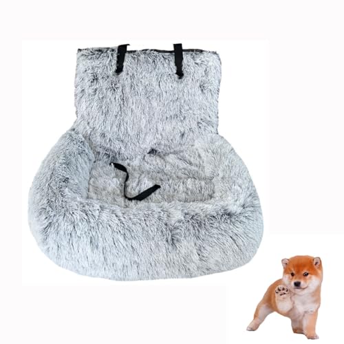 Hundeautositz mit Sicherheitsgurt Autositz Hundebett, pelziger Sicherheitssitz für große und kleine Hunde, Reisebett für Haustiere mit dicken Kissen (Verlauf Hellgrau, 60×60cm) von VISIOLEX