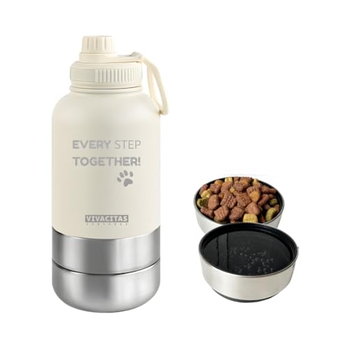 Pup Pak Tragbare Hunde-Wasserflasche mit Hunde-Wassernapf-Spender & Hundefutterspender – Isolierte Edelstahl-Reiseflasche, großer Hundenapf und abnehmbare Hundenäpfe zum Wandern – Weiß von VIVACITAS VENTURES