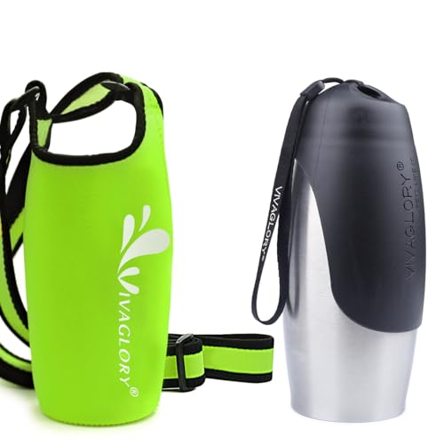 VIVAGLORY 750 ml Edelstahl Trinkflasche für Hunde & Neopren Flaschenträger Kombination, Hundetrinkflasche und Wasserflaschenhalter, Ideal für Wandern, Reisen mit Haustieren von VIVAGLORY