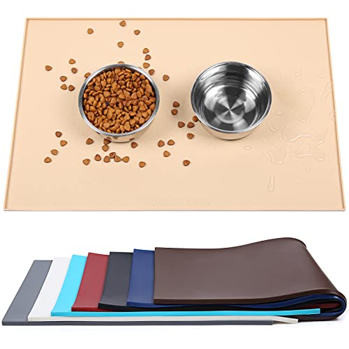 VIVAGLORY Hundefuttermatte, Anti-Messy wasserdichte Futterfutter-Nahrungsnahrungs-Pet Schüssel Silikonmatten-Placemat mit erhöhter Kante, Katzenhund-Fütterungsmatte, Khaki, Klein (48x30cm) von VIVAGLORY