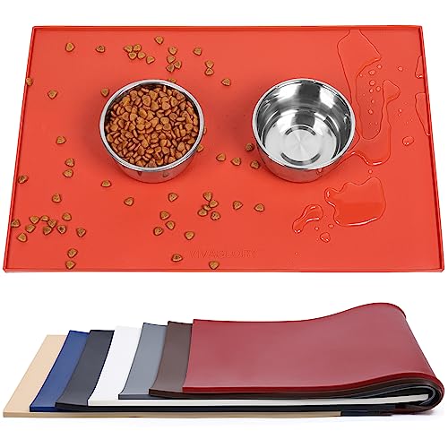 VIVAGLORY Hundefuttermatte, Katzenhund-Fütterungsmatte, Anti-Messy wasserdichte Futterfutter-Nahrungsnahrungs-Pet Schüssel Silikonmatten-Placemat mit erhöhter Kante, Orange, Klein (48x30cm) von VIVAGLORY